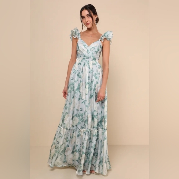 Lulus Soiree Perfection Light Blue Floral Ruffled Tiered Maxi Dress M Wedding - Picture 2 of 11